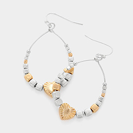 Heart Accented Open Metal Teardrop Dangle Earrings