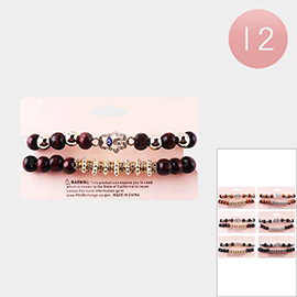 12 Set of 2 - Evil Eye Centered Hamsa Hand Accented Wood Ball Stretch Bracelets