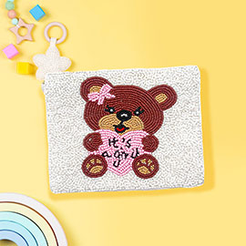 It's a Girl! Message Bear Seed Beaded Mini Pouch Bag