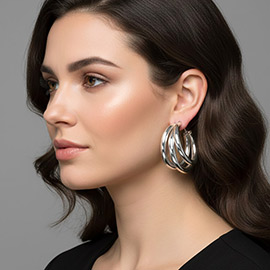 Bold Sculpted Triple Layered Metal Hoop Earrings
