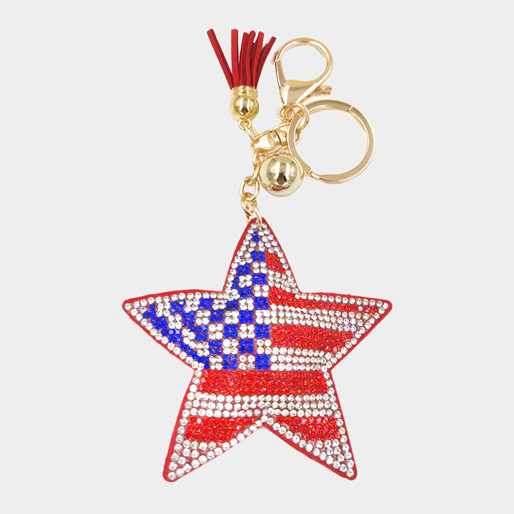 Bling American USA Flag Star Tassel Keychain