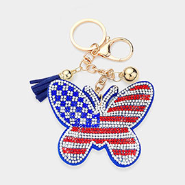 Bling American USA Flag Butterfly Tassel Keychain