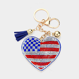 Bling American USA Flag Heart Tassel Keychain