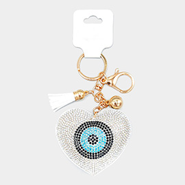 Bling Evil Eye Accented Heart Tassel Keychain