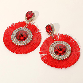 Teardrop Round Stone Accented Tassel Fringe Dangle Earrings