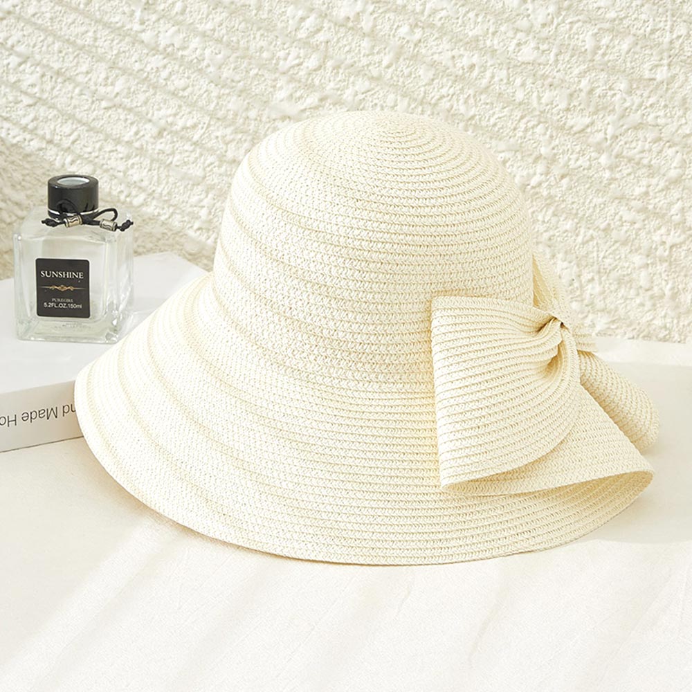 Big Bow Accented Straw Bowler Sun Hat