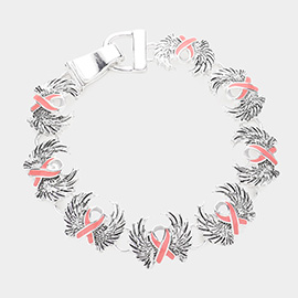 Pink Ribbon Accented Metal Wings Link Magnetic Bracelet