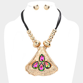 Teardrop Stone Embellished Abstract Metal Pendant Necklace