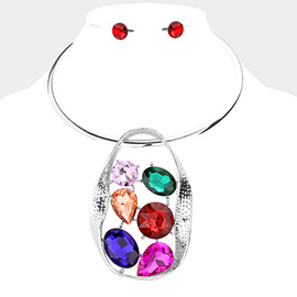 Multi Stone Embellished Wavy Open Metal Pendant Choker Necklace