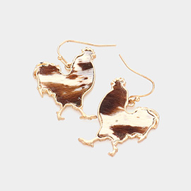 Genuine Leather Calf Animal Patterned Rooster Dangle Earrings