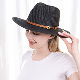 Color Block Pointed Faux Leather Band Straw Panama Sun Hat