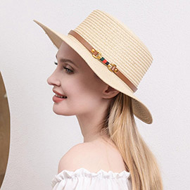 Color Block Pointed Faux Leather Band Straw Sun Hat