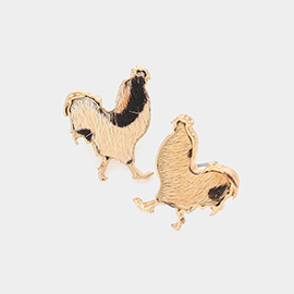 Genuine Leather Calf Leopard Patterned Rooster Stud Earrings