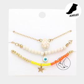 3PCS - Natural Stone Evil Eye Star Charm Beaded Anklets