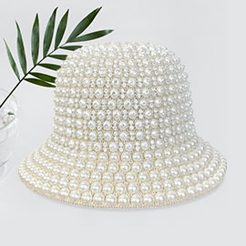 Pearl Rhinestone Embellished Straw Bucket Hat