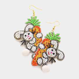 Felt Back Seed Beaded Easter Carrot Bunny Pom Pom Tail Dangle Earrings