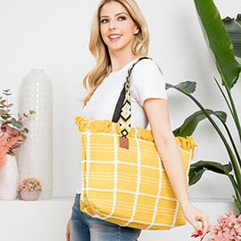 Top Fringe Pointed Check Patterned Tote Bag