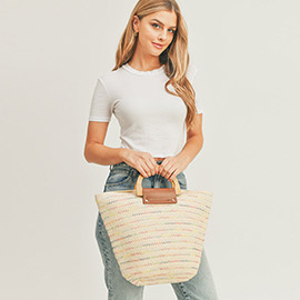 Zigzag Chevron Pattern Detailed Wooden Handle Straw Tote Bag