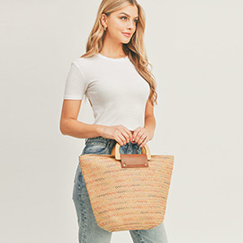 Zigzag Chevron Pattern Detailed Wooden Handle Straw Tote Bag