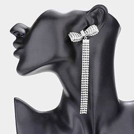 Bow Accented Rhinestone Linear Dangle Evening Earrings