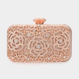 Stone Embellished Rose Flower Glittered Evening Tote / Clutch / Crossbody Bag