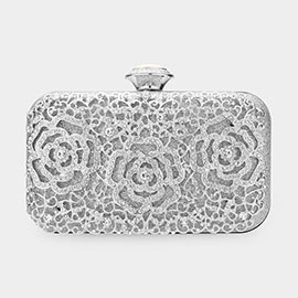 Stone Embellished Rose Flower Glittered Evening Tote / Clutch / Crossbody Bag