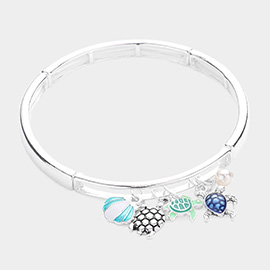 Enamel Shell Turtle Pearl Charm Stretch Bracelet