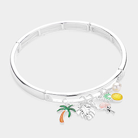 Enamel Palm Tree Tropical Leaf Flamingo Pineapple Pearl Charm Stretch Bracelet