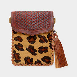 Leopard Patterned Genuine Leather Calf Tassel Crossbody Bag