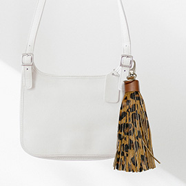 Leopard Patterned Genuine Leather Tassel Keychain