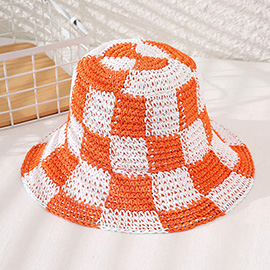 Checkerboard Patterned Straw Bucket Hat