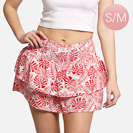 Tropical Leaf Patterned Ruffle Tiered Mini Skirt