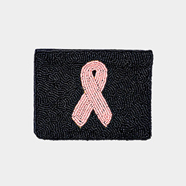 Pink Ribbon Accented Seed Beaded Mini Pouch Bag