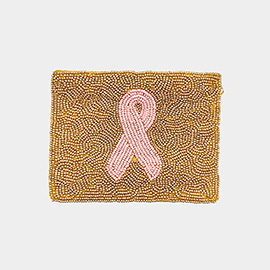 Pink Ribbon Accented Seed Beaded Mini Pouch Bag