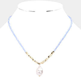Pearl Pendant Faceted Rectangle Beaded Necklace