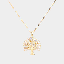 Tapered Baguette Stone Embellished Tree of Life Pendant Necklace