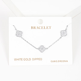White Gold Dipped CZ Triple Quatrefoil Charm Bracelet