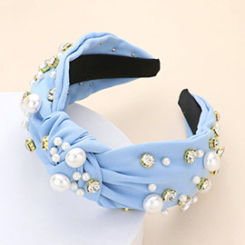 Pearl Round Stone Embellished Knot Burnout Headband