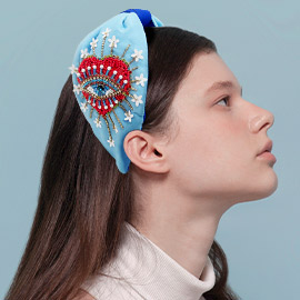 Pearl Sequin Beaded Evil Eye Heart Knot Burnout Headband