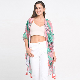 Tropical Leaf Printed Cover Up Kimono Poncho