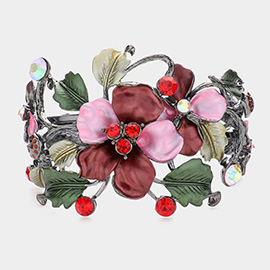 Stone Embellished Colored Metal Flower Leaf Hinged Bracelet