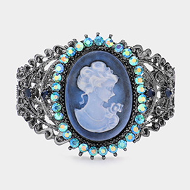 Cameo Centered Stone Trimmed Metal Hinged Bracelet