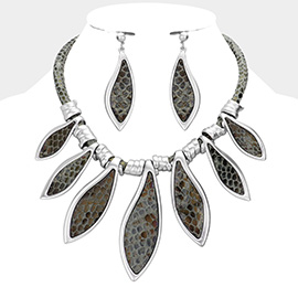 Faux Leather Snake Skin Patterned Irregular Teardrop Statement Necklace