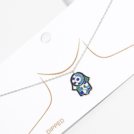 White Gold Dipped Enamel Hamsa Hand Pendant Necklace