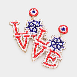 Love Message Felt Back American USA Flag Seed Beaded Ship Wheel Pointed Dangle Earrings