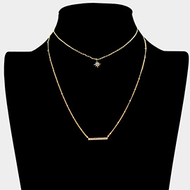 Secret Box _ Rhinestone North Star Bar Pendant Double Layered Necklace