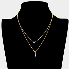 Secret Box _ Baguette Square Stone Pendant Double Layered Necklace