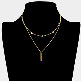 Secret Box _ Round Stone Station Rhinestone Bar Pendant Double Layered Necklace