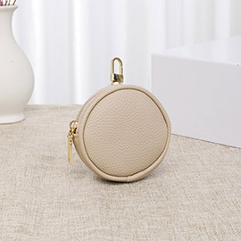 Solid Faux Leather Round Mini Attachable Coin Bag