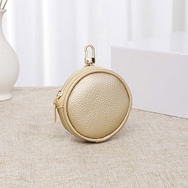 Solid Faux Leather Round Mini Attachable Coin Bag